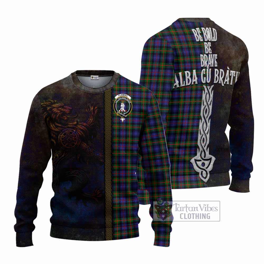 Tartan Vibes Clothing Fleming Tartan Family Crest Knitted Sweater Alba Gu Brath Be Brave Lion Ancient Style