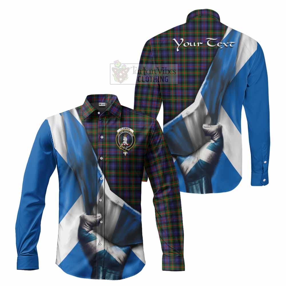 Tartan Vibes Clothing Fleming Tartan Long Sleeve Button Shirt with Family Crest Scotland Patriotic Style