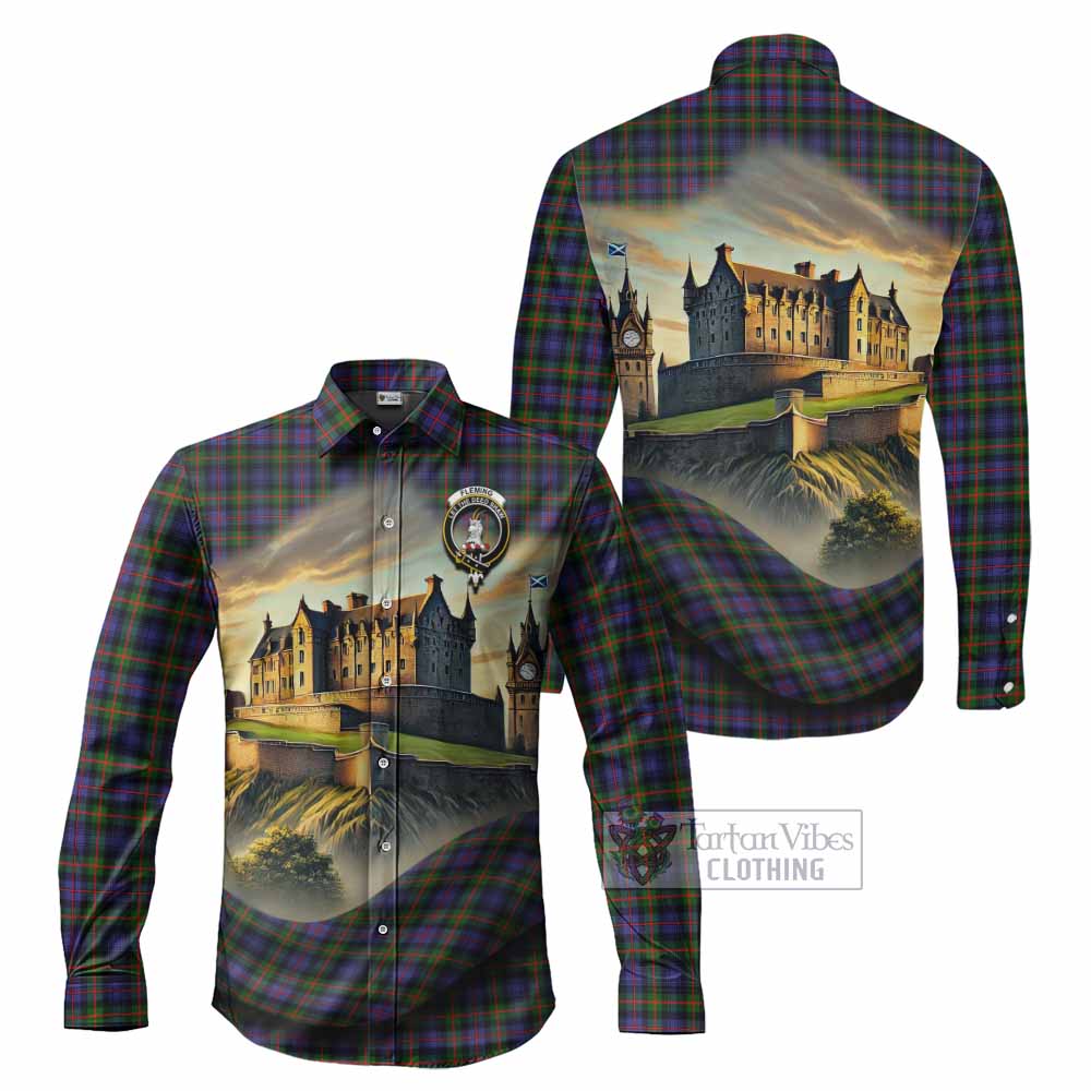 Tartan Vibes Clothing Fleming Tartan Family Crest Long Sleeve Button Shirt with Scottish Ancient Castle Style