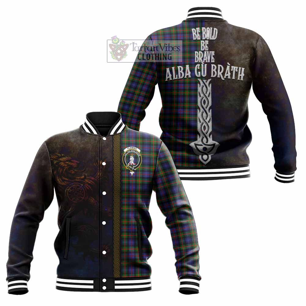 Tartan Vibes Clothing Fleming Tartan Family Crest Baseball Jacket Alba Gu Brath Be Brave Lion Ancient Style