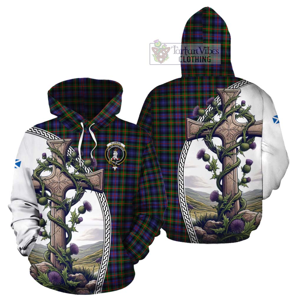 Tartan Vibes Clothing Fleming Tartan Cotton Hoodie with Family Crest and St. Andrew's Cross Accented by Thistle Vines