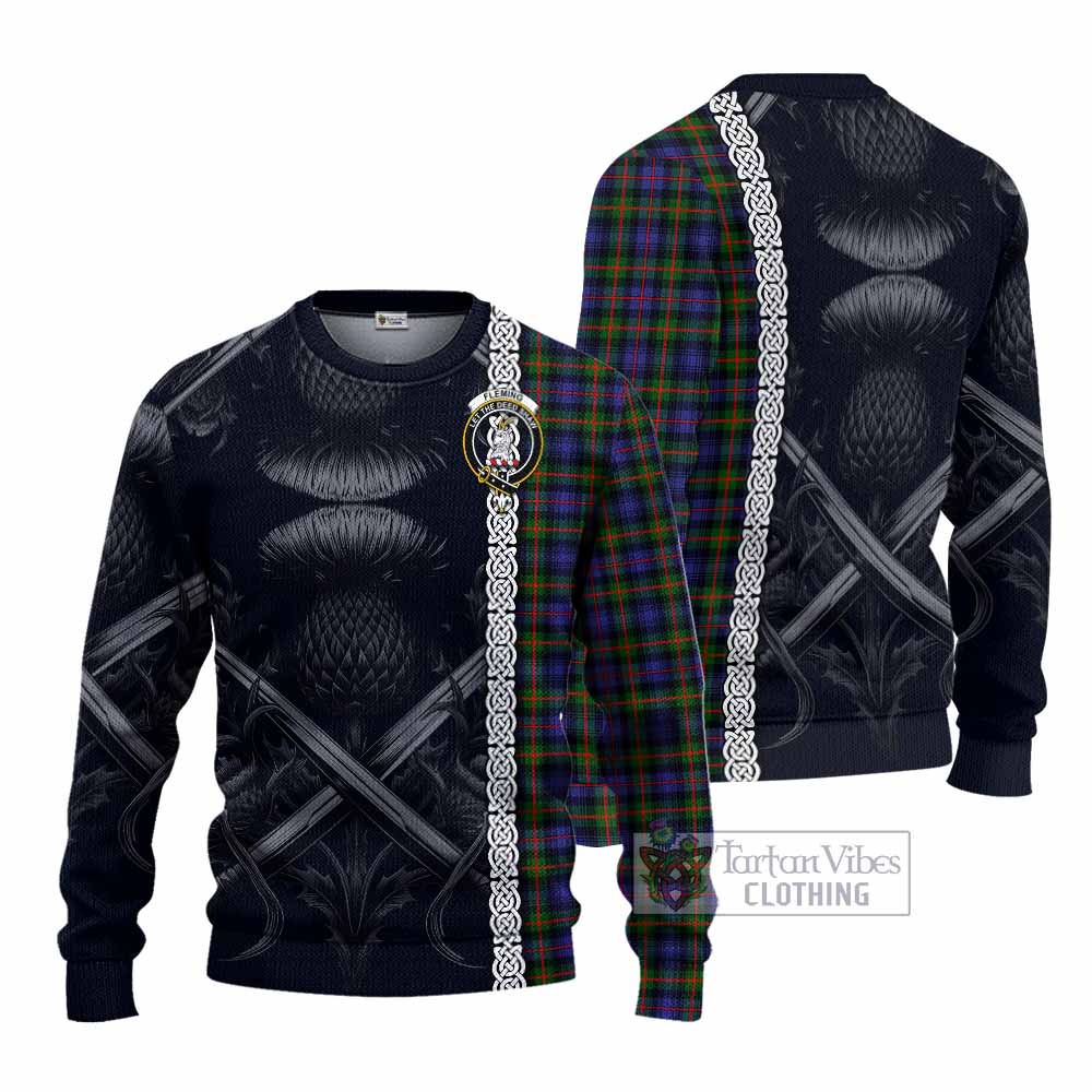 Tartan Vibes Clothing Fleming Tartan Knitted Sweater with Family Crest Cross Sword Thistle Celtic Vibes