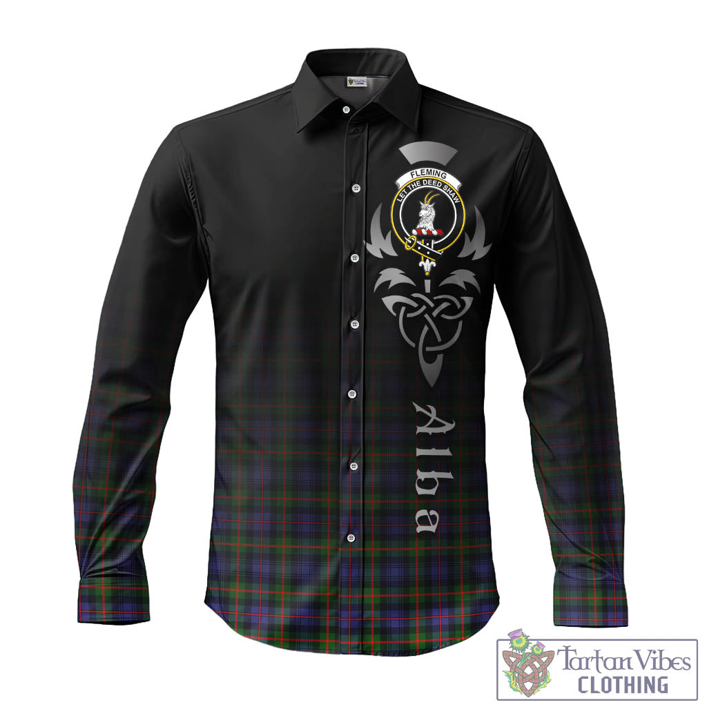 Tartan Vibes Clothing Fleming Tartan Long Sleeve Button Up Featuring Alba Gu Brath Family Crest Celtic Inspired