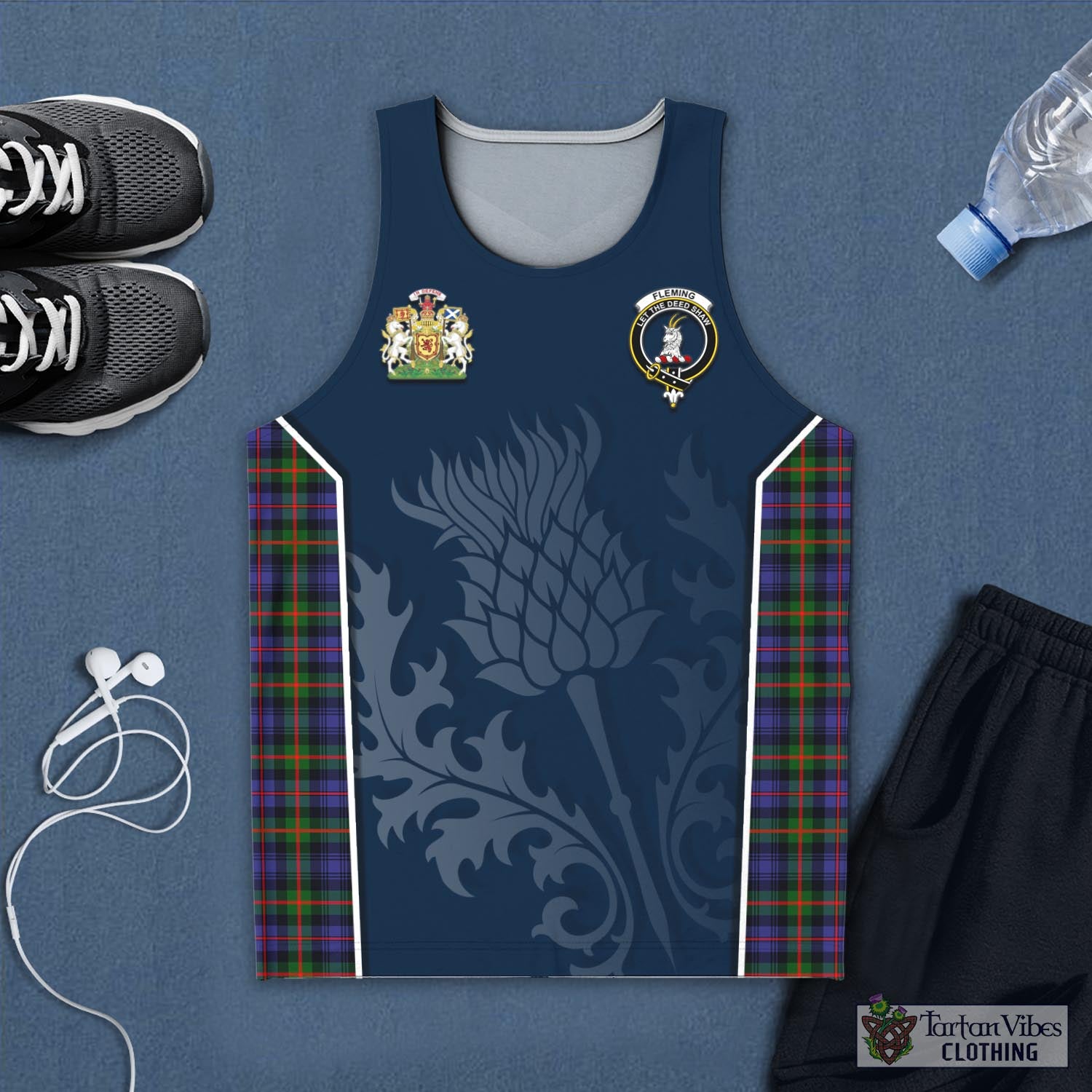 Tartan Vibes Clothing Fleming Tartan Men's Tanks Top with Family Crest and Scottish Thistle Vibes Sport Style