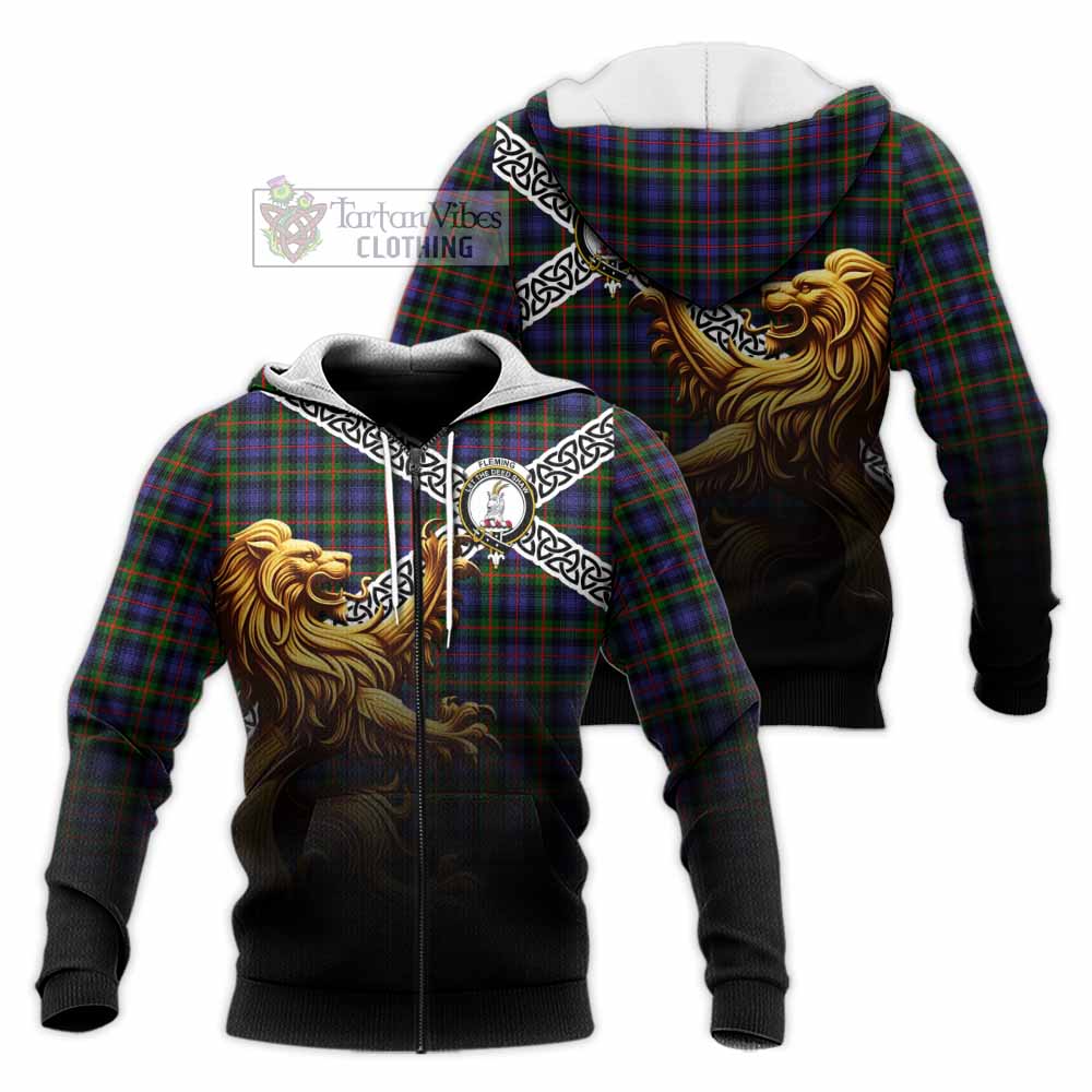Tartan Vibes Clothing Fleming Crest Tartan Knitted Hoodie with Golden Lion Emblem Celtic Style