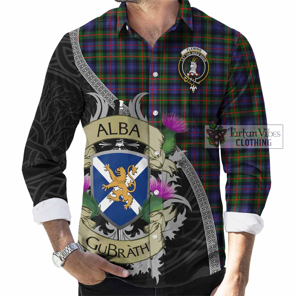 Tartan Vibes Clothing Fleming Tartan Family Crest Long Sleeve Button Shirt Lion Rampant Royal Thistle Shield Celtic Inspired