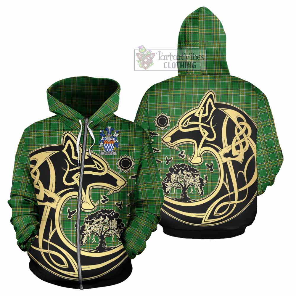 Tartan Vibes Clothing Fleming Irish Tartan Hoodie with Coat of Arms Celtic Wolf Style
