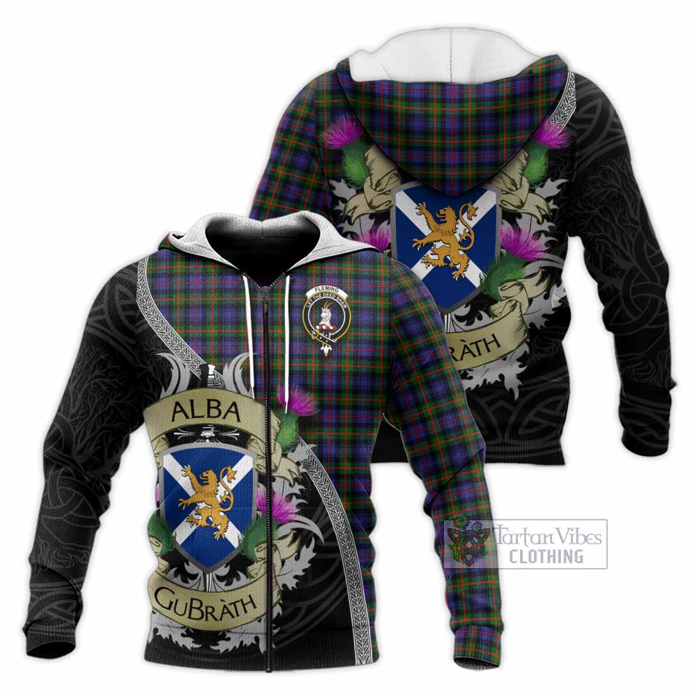 Tartan Vibes Clothing Fleming Tartan Family Crest Knitted Hoodie Lion Rampant Royal Thistle Shield Celtic Inspired
