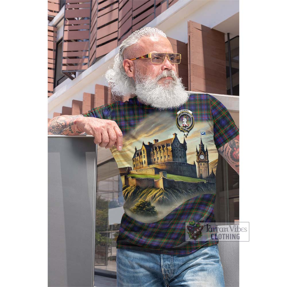 Tartan Vibes Clothing Fleming Tartan Family Crest Cotton T-shirt with Scottish Ancient Castle Style