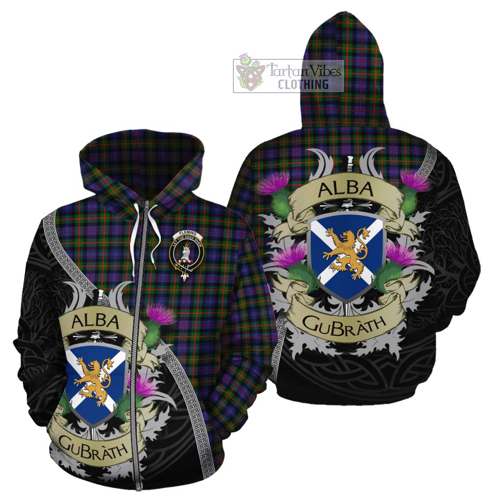 Tartan Vibes Clothing Fleming Tartan Family Crest Cotton Hoodie Lion Rampant Royal Thistle Shield Celtic Inspired