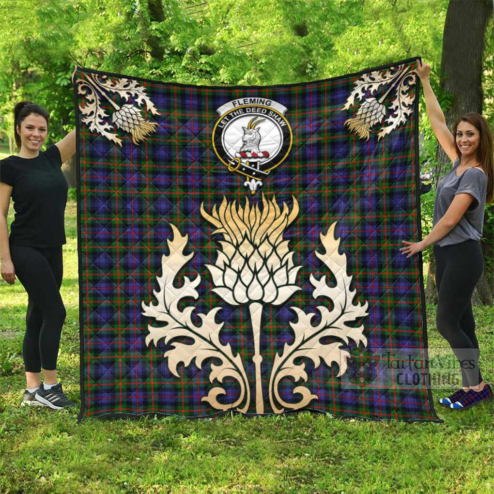 Tartan Vibes Clothing Fleming Tartan Quilt with Family Crest and Golden Thistle Style