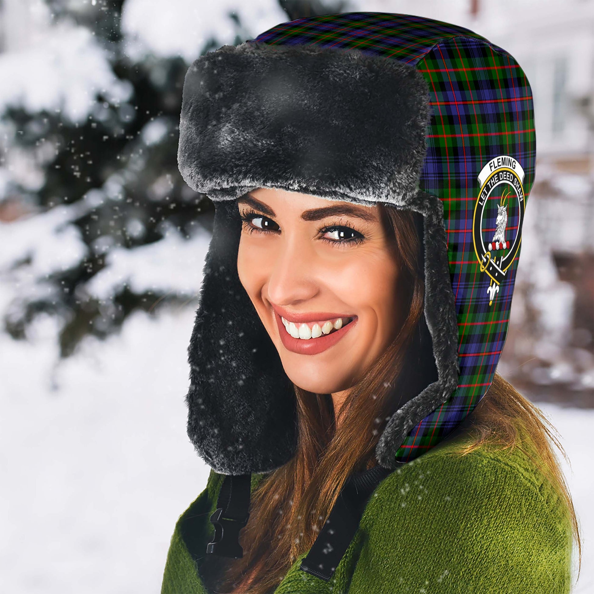 Fleming Tartan Winter Trapper Hat with Family Crest - Tartanvibesclothing