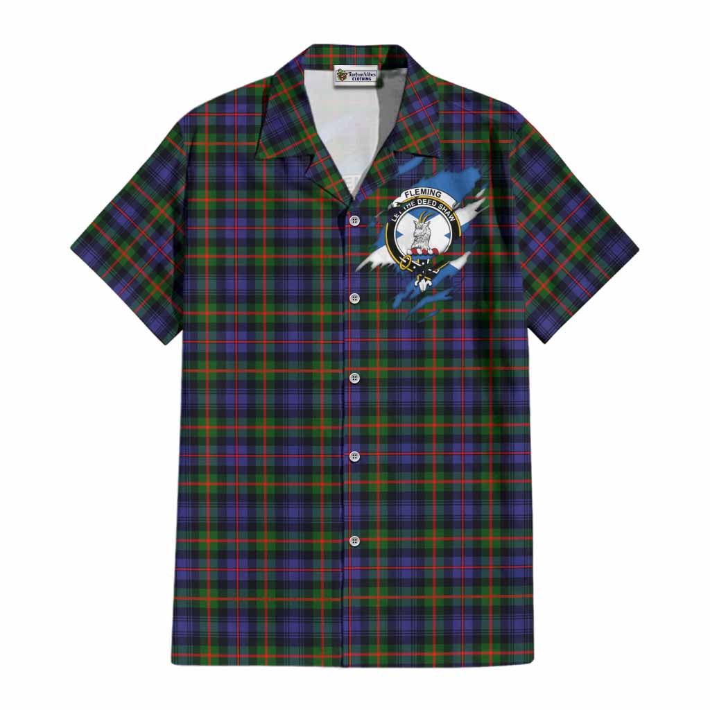 Fleming Clan Crest In Me Tartan Cotton Hawaiian Shirt Scotland Flag Style