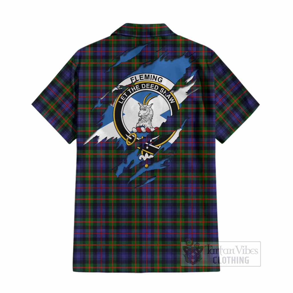 Fleming Clan Crest In Me Tartan Cotton Hawaiian Shirt Scotland Flag Style