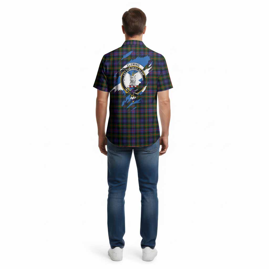 Fleming Clan Crest In Me Tartan Cotton Hawaiian Shirt Scotland Flag Style