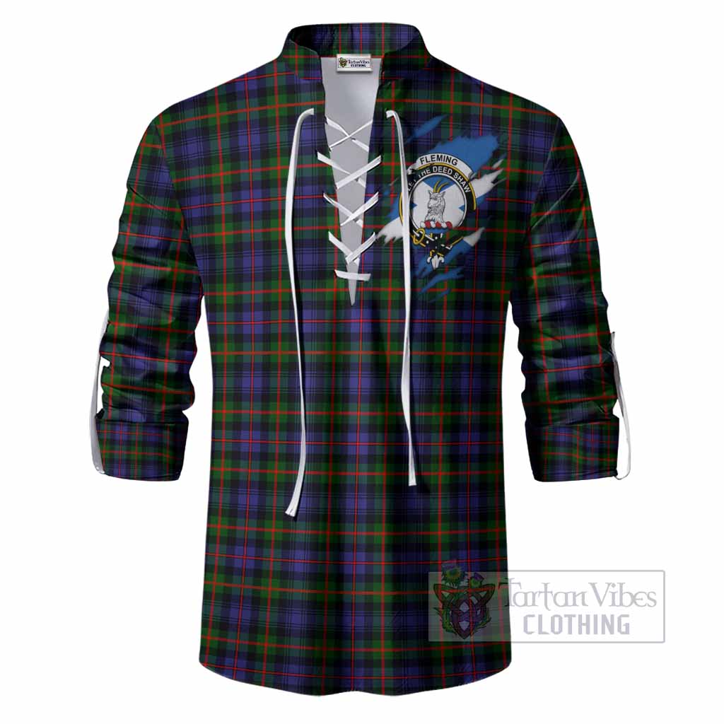 Fleming Clan Crest In Me Tartan Ghillie Shirt Scotland Flag Style