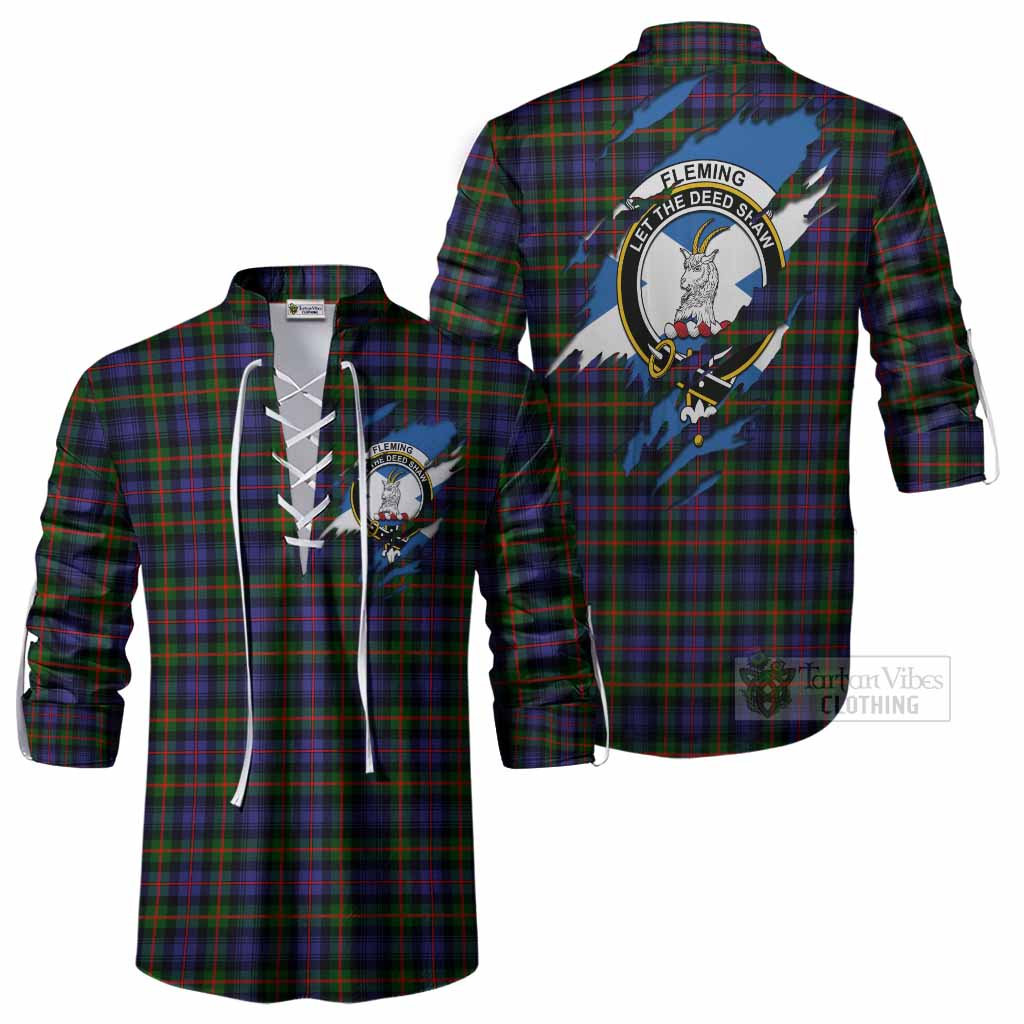 Fleming Clan Crest In Me Tartan Ghillie Shirt Scotland Flag Style