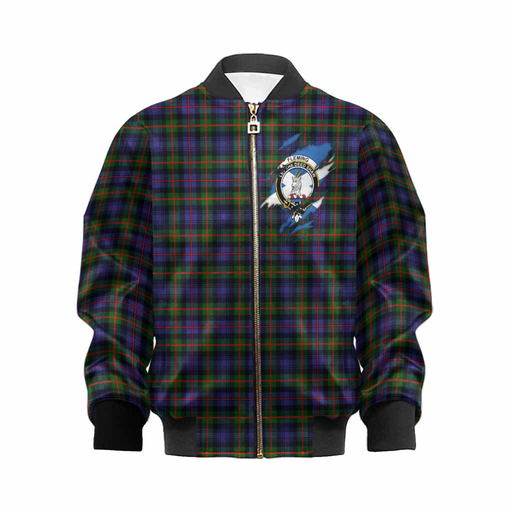 Fleming Clan Crest In Me Tartan Kid Bomber Jacket Scotland Flag Style