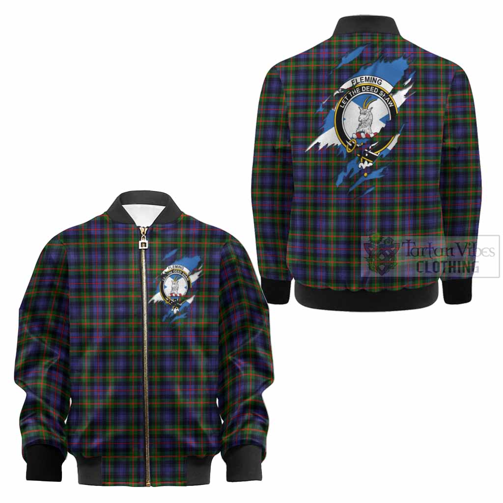 Fleming Clan Crest In Me Tartan Kid Bomber Jacket Scotland Flag Style