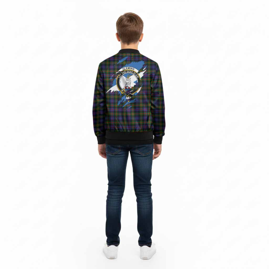 Fleming Clan Crest In Me Tartan Kid Bomber Jacket Scotland Flag Style
