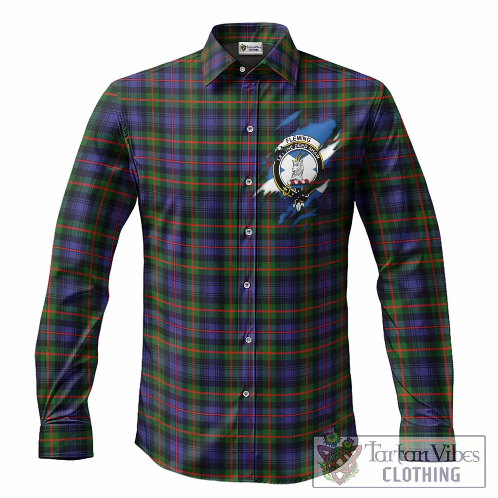 Fleming Clan Crest In Me Tartan Long Sleeve Button Shirts Scotland Flag Style