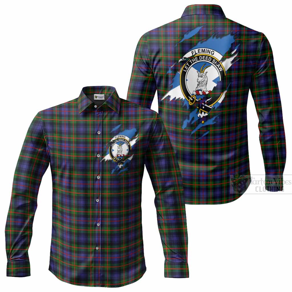 Fleming Clan Crest In Me Tartan Long Sleeve Button Shirts Scotland Flag Style