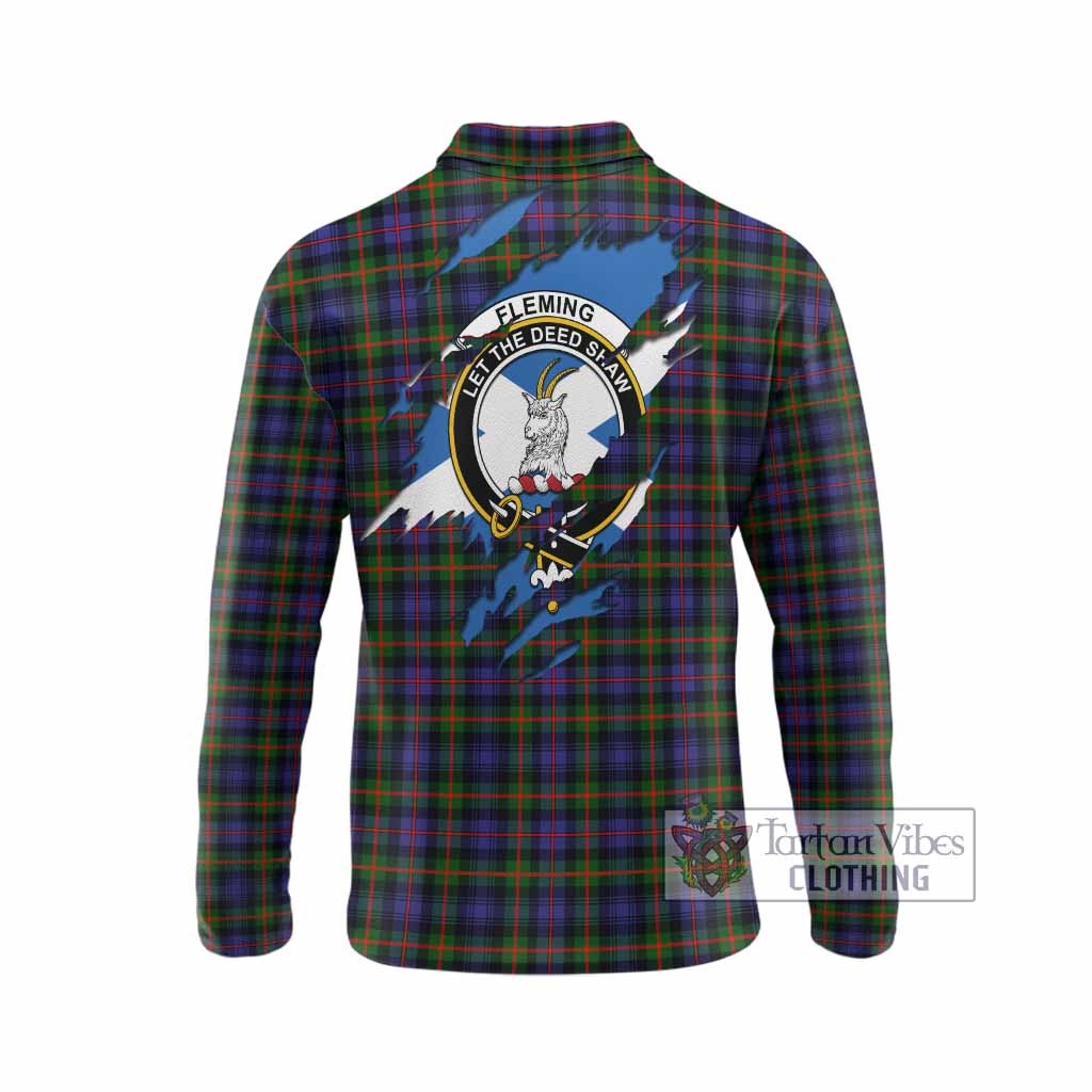 Fleming Clan Crest In Me Tartan Long Sleeve Polo Shirt Scotland Flag Style