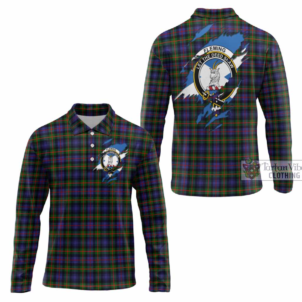 Fleming Clan Crest In Me Tartan Long Sleeve Polo Shirt Scotland Flag Style