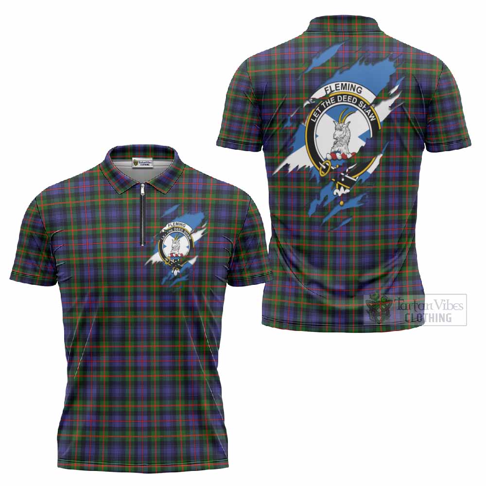 Fleming Clan Crest In Me Tartan Zipper Polo Shirt Scotland Flag Style