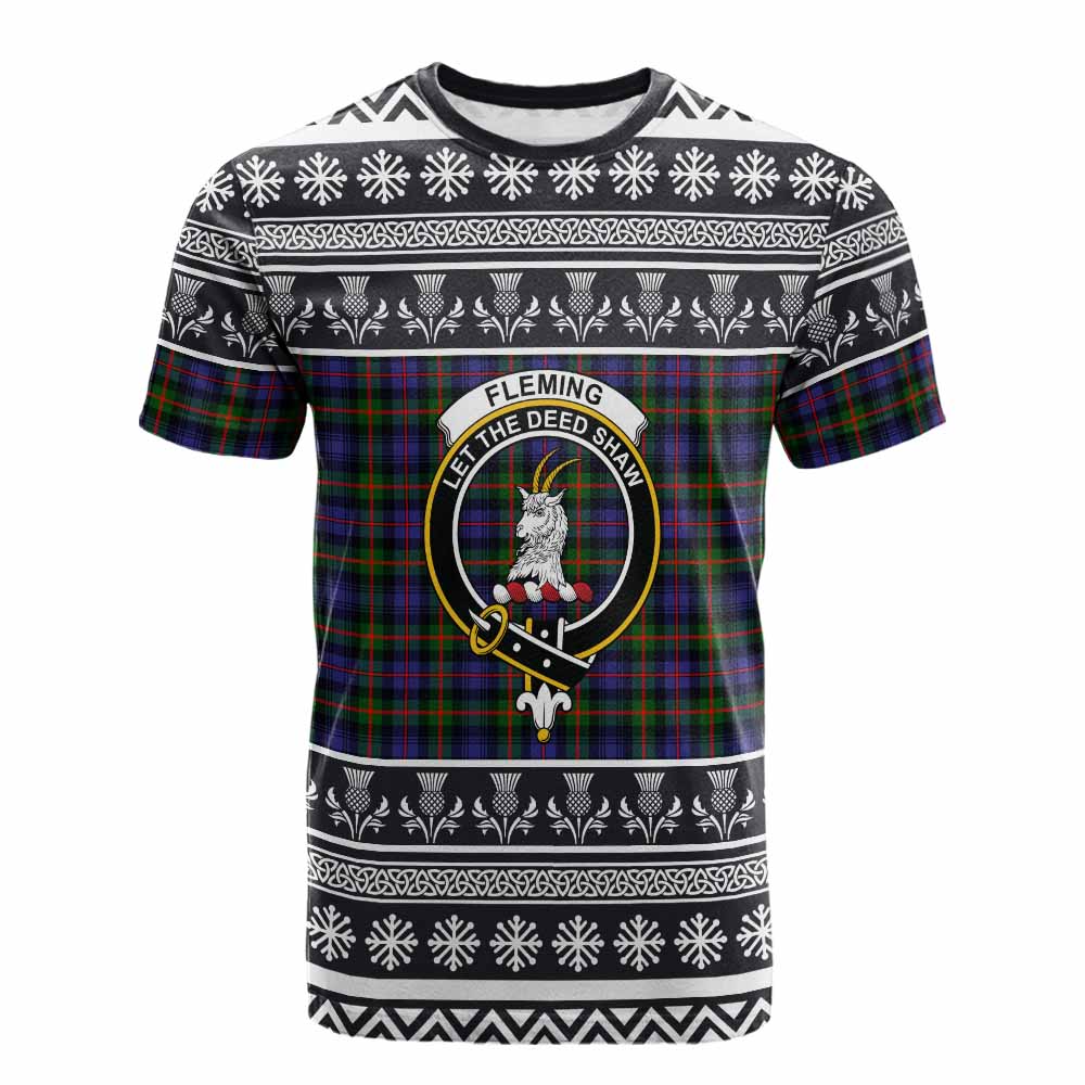 Fleming Clan Tartan Christmas Cotton T-shirt with Family Crest - Tartan Vibes Clothing