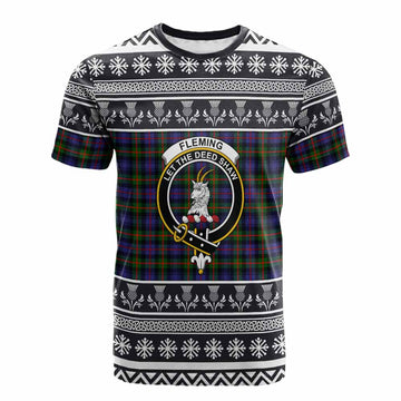 Fleming Clan Tartan Christmas Cotton T-shirt with Family Crest