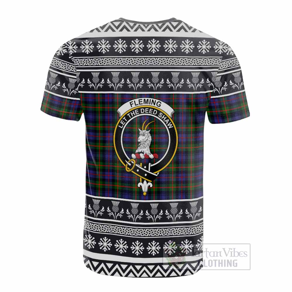 Fleming Clan Tartan Christmas Cotton T-shirt with Family Crest - Tartan Vibes Clothing