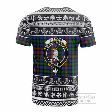 Fleming Clan Tartan Christmas Cotton T-shirt with Family Crest
