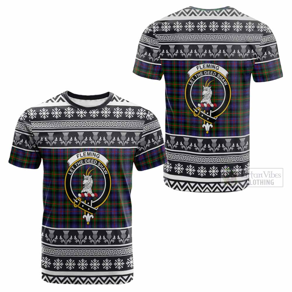 Fleming Clan Tartan Christmas Cotton T-shirt with Family Crest - Tartan Vibes Clothing