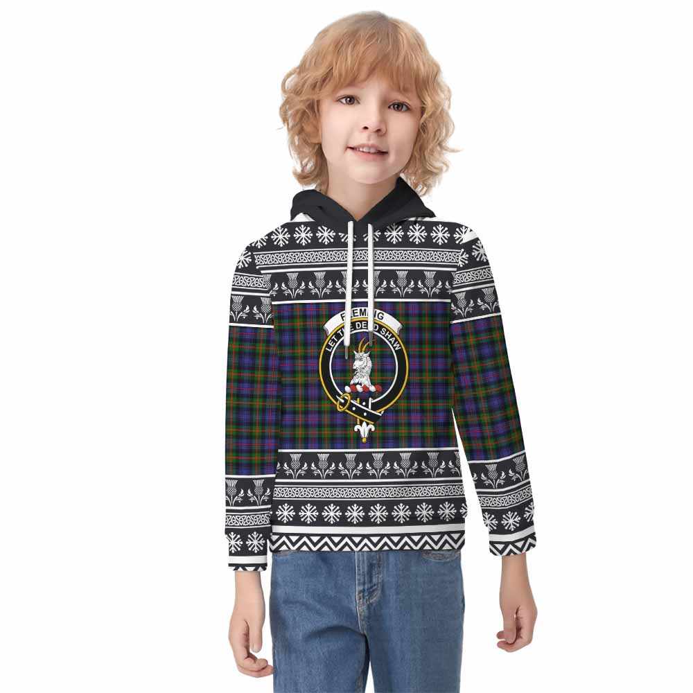 Fleming Clan Tartan Christmas Kid Hoodie with Family Crest - Tartan Vibes Clothing