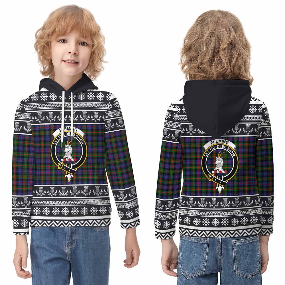 Fleming Clan Tartan Christmas Kid Hoodie with Family Crest - Tartan Vibes Clothing
