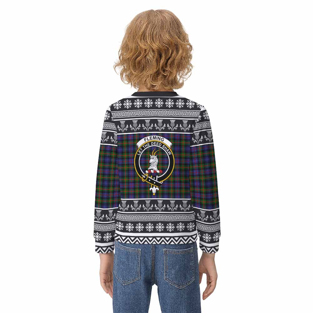 Fleming Clan Tartan Christmas Kid Ugly Sweatshirt with Family Crest - Tartan Vibes Clothing