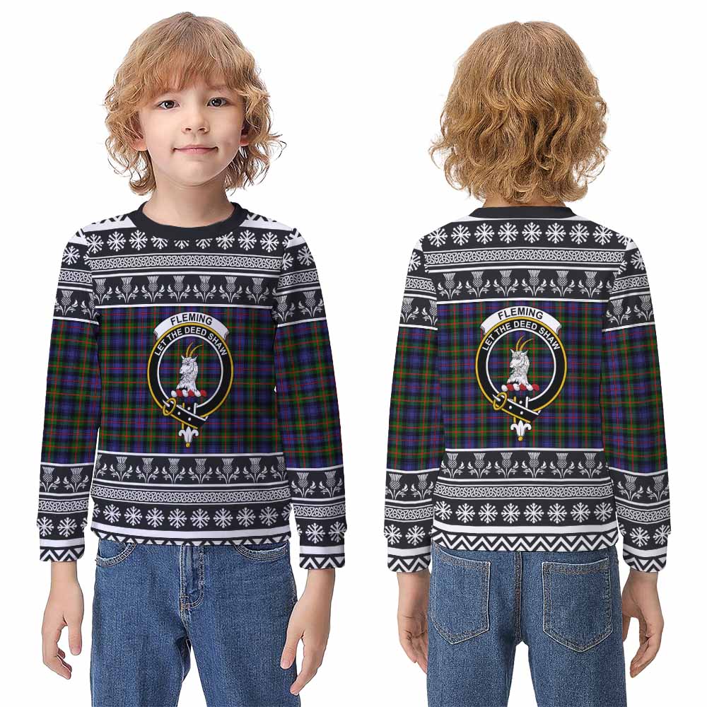 Fleming Clan Tartan Christmas Kid Ugly Sweatshirt with Family Crest - Tartan Vibes Clothing