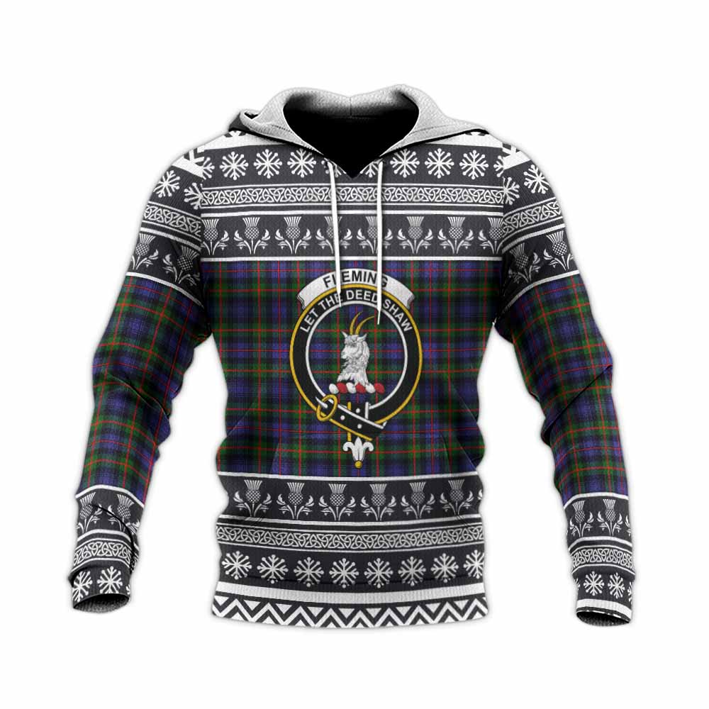 Fleming Clan Tartan Christmas Knitted Hoodie with Family Crest - Tartan Vibes Clothing