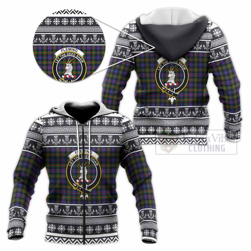 Fleming Clan Tartan Christmas Knitted Hoodie with Family Crest - Tartan Vibes Clothing