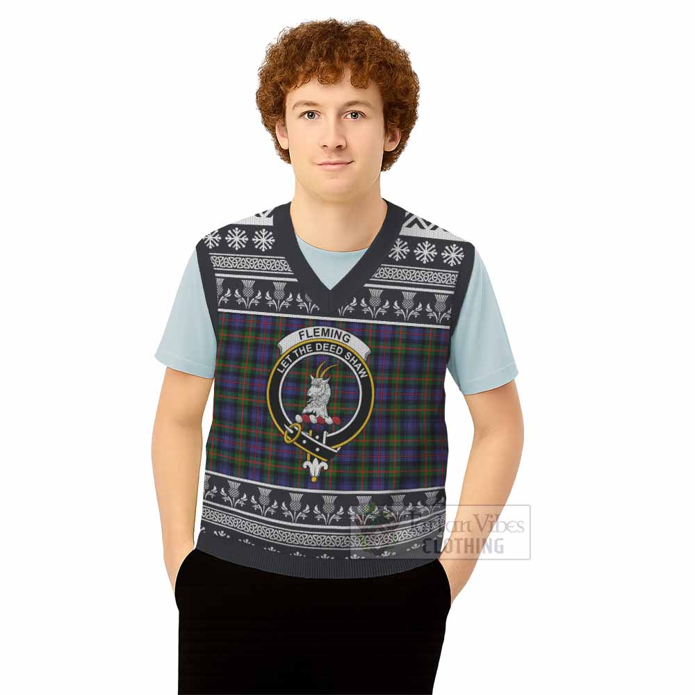 Fleming Clan Tartan Christmas Knitted V-Neck Vest with Family Crest - Tartan Vibes Clothing