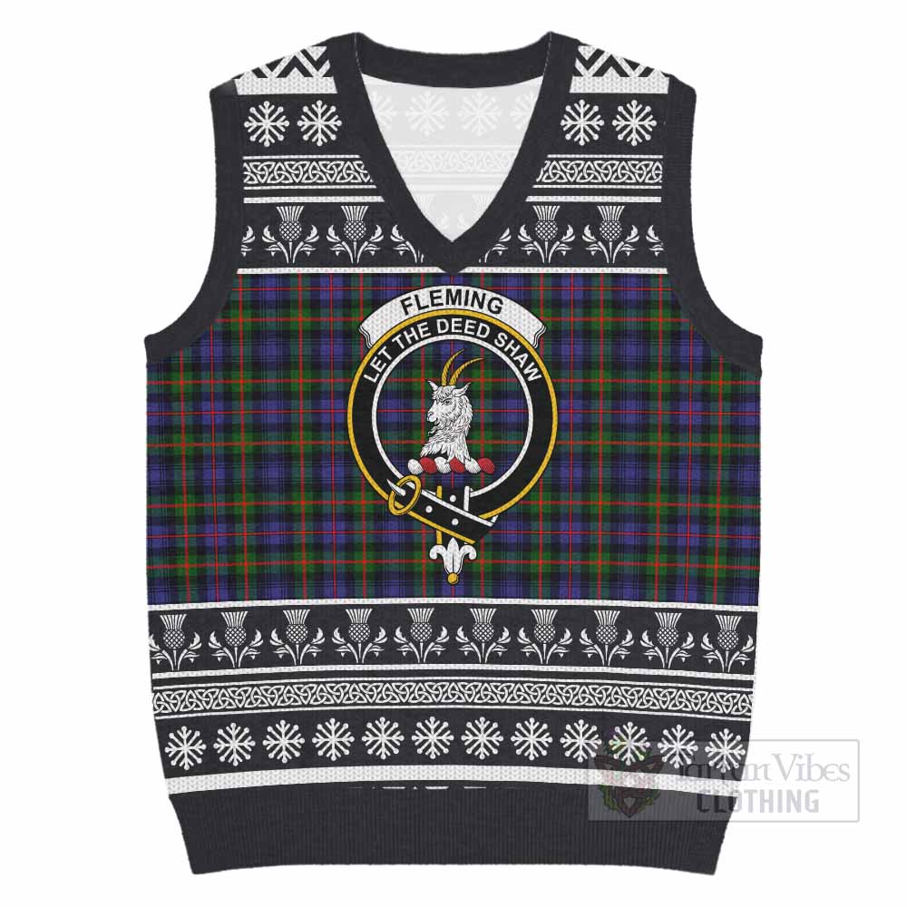 Fleming Clan Tartan Christmas Knitted V-Neck Vest with Family Crest - Tartan Vibes Clothing
