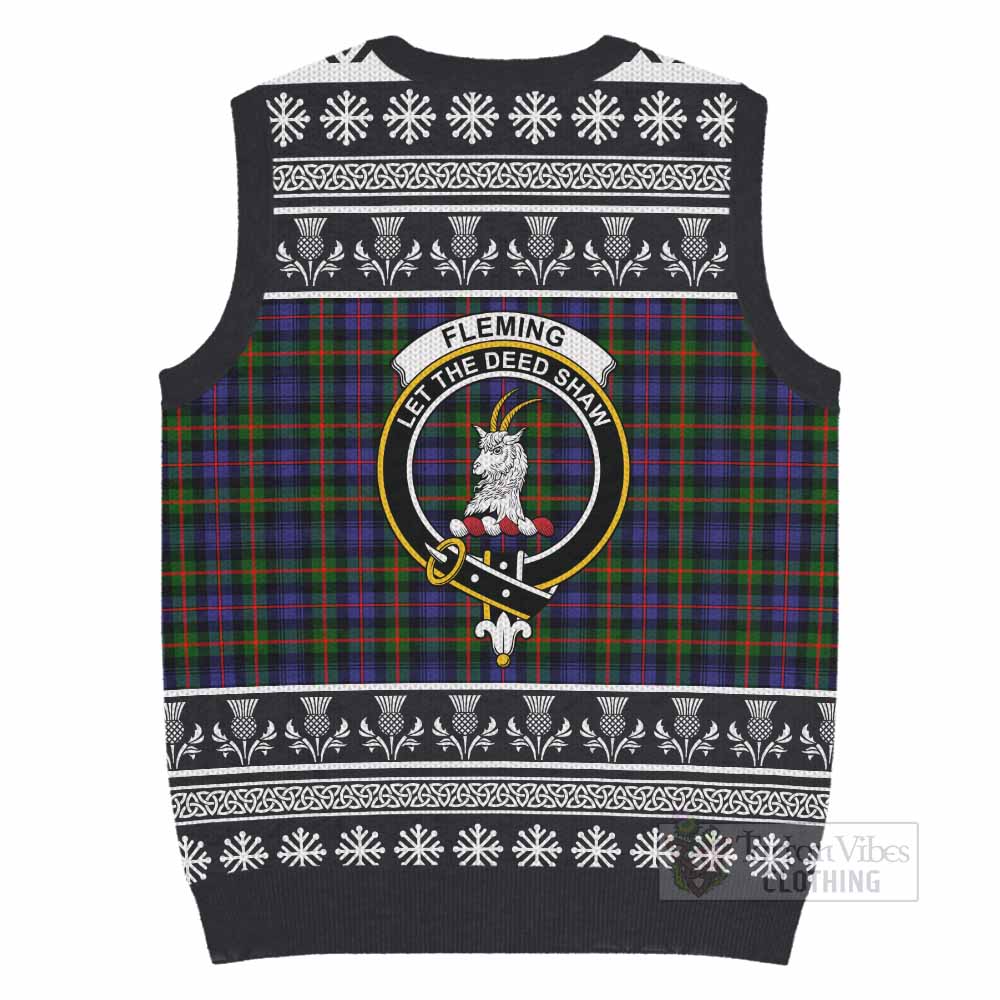 Fleming Clan Tartan Christmas Knitted V-Neck Vest with Family Crest - Tartan Vibes Clothing