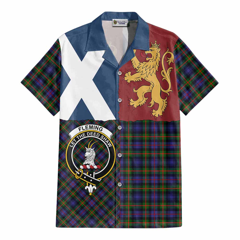 Fleming Crest Tartan Cotton Hawaiian Shirt with Lion Rampant Saltire Style - Tartan Vibes Clothing