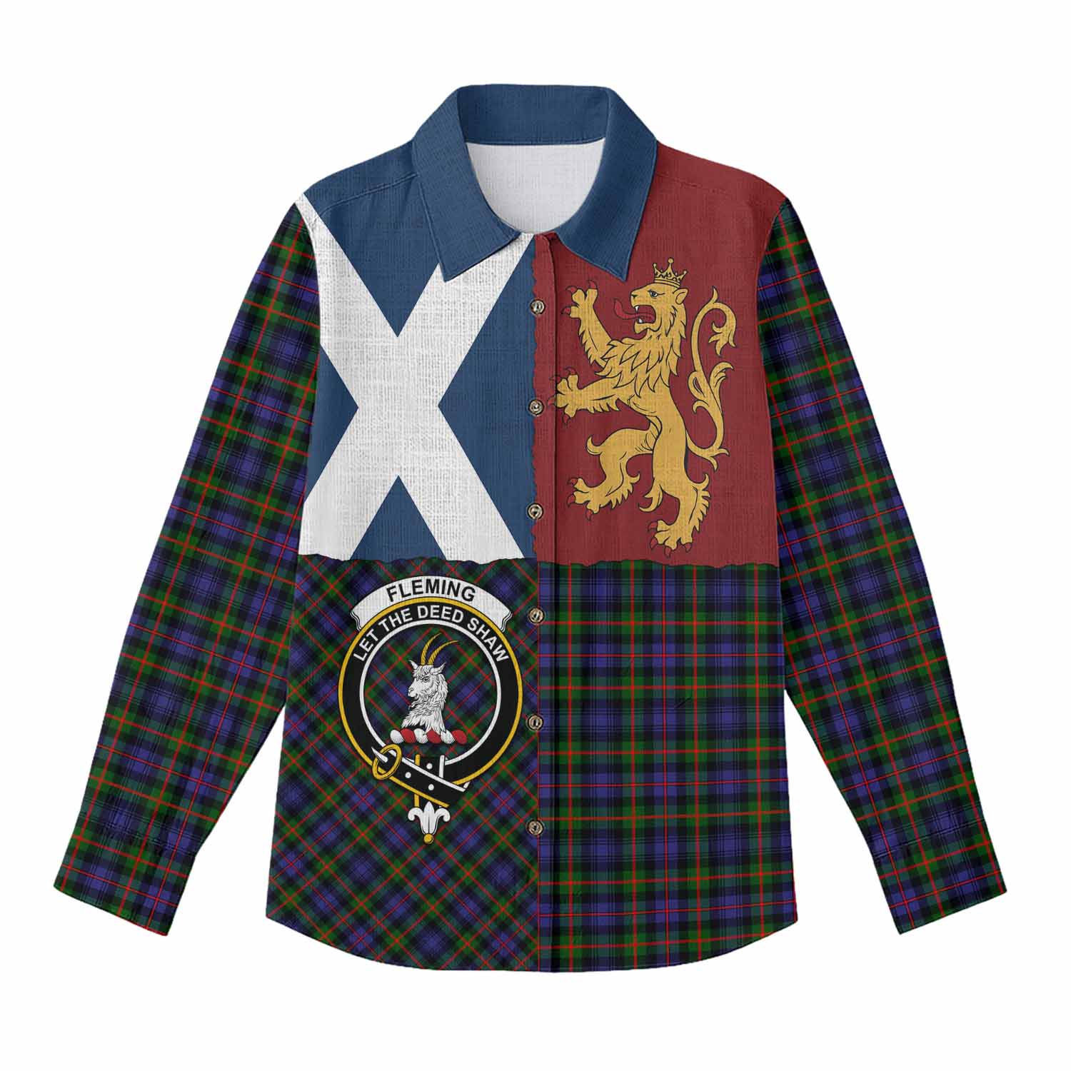 Fleming Crest Tartan Women Casual Shirt with Lion Rampant Saltire Style