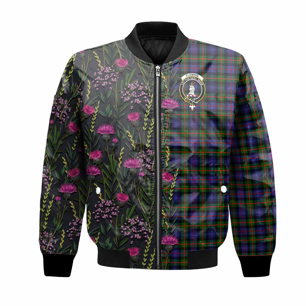 Fleming Family Crest Tartan Bomber Jacket Scottish Thistle Flower Pattern Half Style - Tartan Vibes Clothing