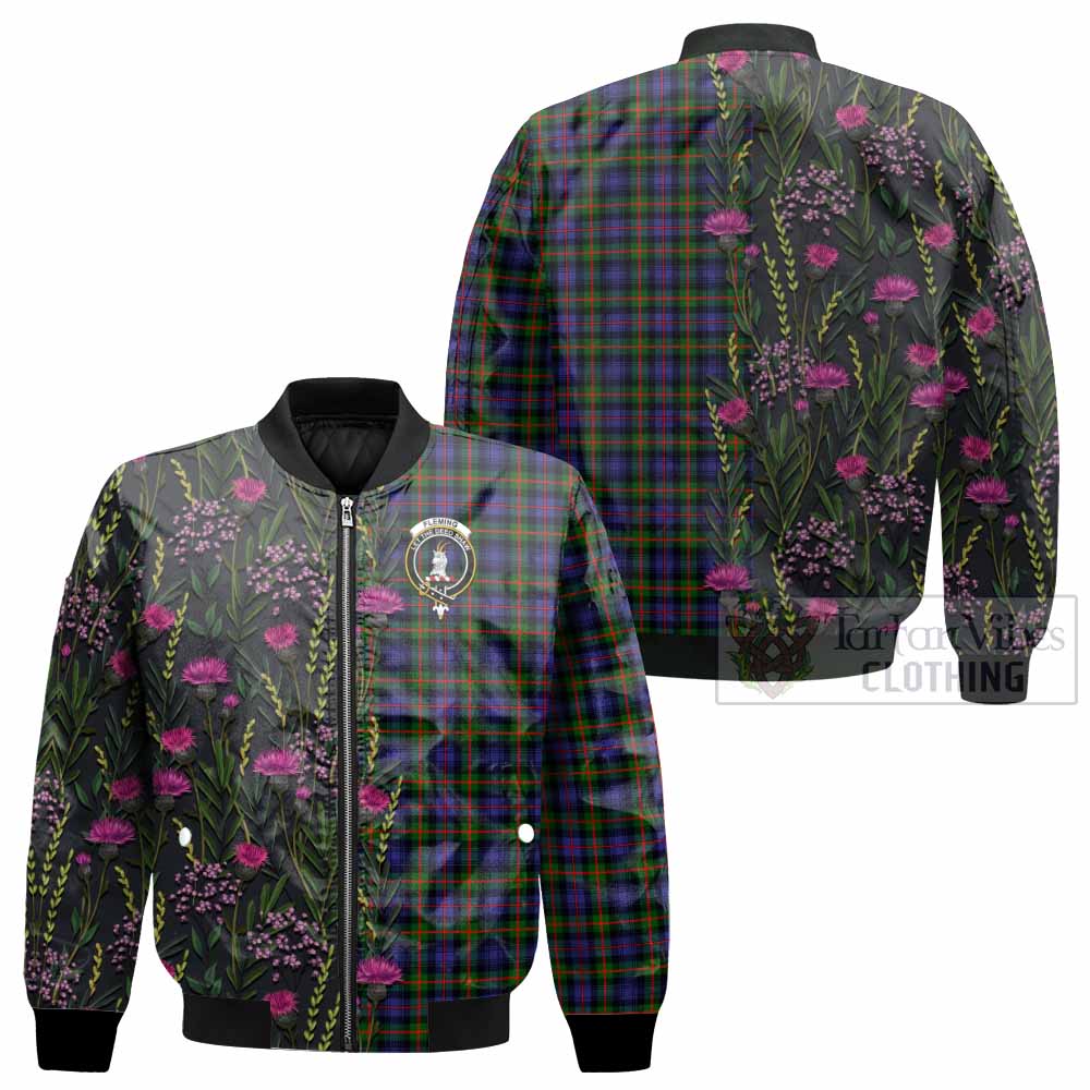 Fleming Family Crest Tartan Bomber Jacket Scottish Thistle Flower Pattern Half Style - Tartan Vibes Clothing