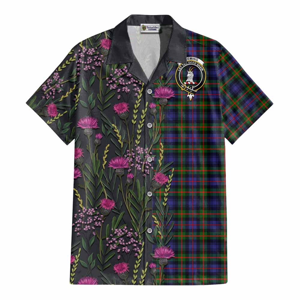 Fleming Family Crest Tartan Cotton Hawaiian Shirt Scottish Thistle Flower Pattern Half Style - Tartan Vibes Clothing