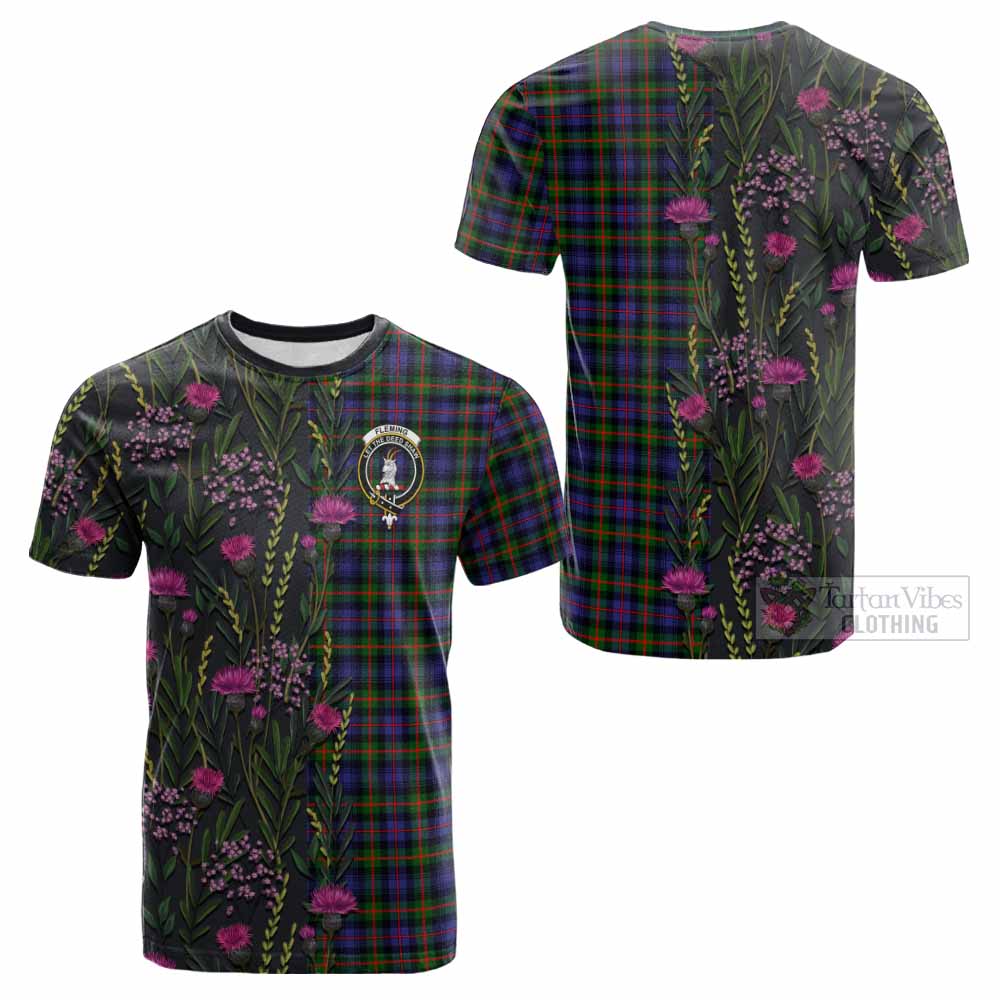 Fleming Family Crest Tartan Cotton T-shirt Scottish Thistle Flower Pattern Half Style - Tartan Vibes Clothing