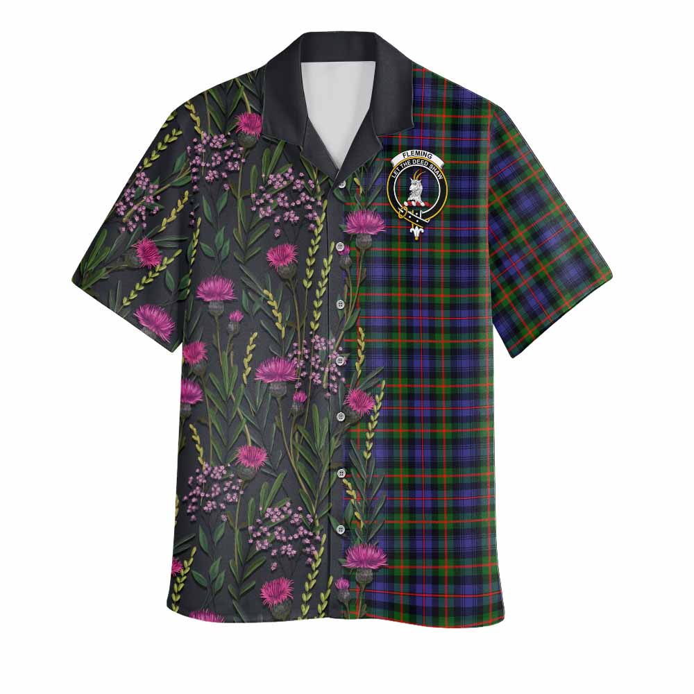 Fleming Family Crest Tartan Hawaiian Shirt Scottish Thistle Flower Pattern Half Style - Tartan Vibes Clothing